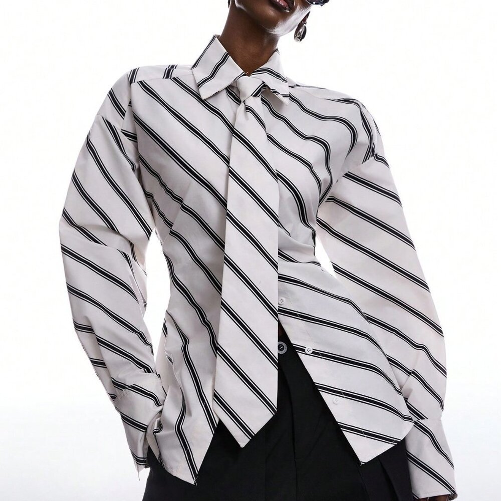 Black And White Casual Women's Minimalist Padded Shoulder Shirt